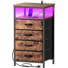 Huuger Night Stand with Charger Station and LED Lights, 4 Drawer Nightstand, Bed Side Table with Open Shelf, End Table, Fabric Dresser for Bedroom, Rustic Brown