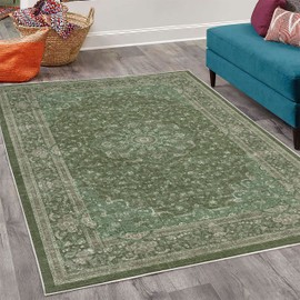 Ambesonne Vintage Decorative Rug, Oriental Design Curlicue Swirly Motives with Minty Details Botanical Nature Colors, Quality Carpet for Bedroom Dorm and Living Room, 5' 1" X 7' 5", Dark Green