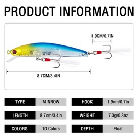 FREE FISHER 10Pcs Fishing Lures Minnow Bass Lure Jerkbait Topwater Hard Baits with Double Treble Hooks Flasher Feathers for Bass Trout Walleye Redfish Saltwater Freshwater 3.4in/0.3oz