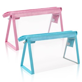 TIECHI 2PCS Clear Pencil Case for Exams, Waterproof PVC Transparent Pencil Case for Girls Boys, See Through Pencil Cases for Stationery School Make Up Toiletries, Pink&Blue