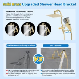 Hibbent All Metal cUPC Certified Shower Head, 10'' High Pressure Rainfall Shower Head Combo, Handheld Shower Wand, 12'' Adjustable Extension Arm, 4-Spray, 71'' Hose, Shower Holder, Brushed Gold