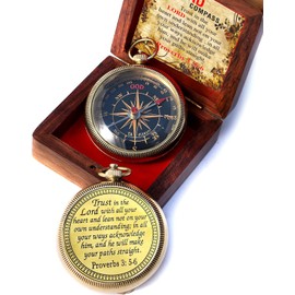 Trust in The Lord with All Your Heart -Proverbs 3: 5-6 Quote Engraved Compass with Wooden Box, Camping Compass, Gift Compass, Gifts for Men -Graduation Gifts 2024 Compass for Women Mens Boy Girls