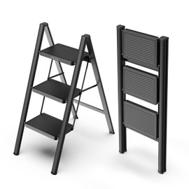 WOA WOA 3 Step Ladder, Folding Step Stool with Non-Slip Pedals, Portable Stepping Stool for Adults, Sturdy Steel Ladder, Space Saving for Home, Anti Skid Feet, Support 330lbs - Black
