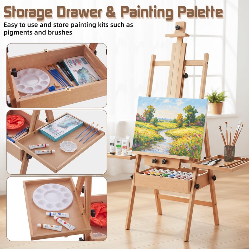 YOKUGO Beech Wood H-Frame Easel for Painting with Tray &