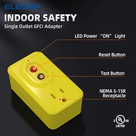 ELEGRP Adaptador GFCI de una sola toma, adaptador GFCI de 3 puntas a tierra de 15 amperios, para uso en interiores con reinicio manual, listado UL, amarillo, 1 paquete