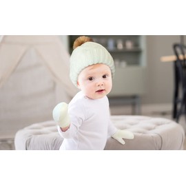Baby Beanie and Mitten Set & Toddler Winter Hat Boy Girl Fleece Lined for Newborn Infant 0-6 Months Ivory White