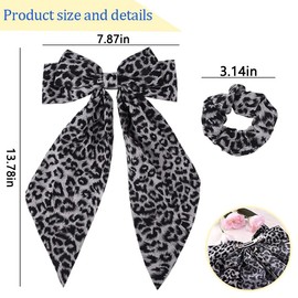 Leopard Bow Hairclip Scrunchies Set Cheetah Printed Bowknot Barrettes Elastic Band Oversize Bow Hair Accessories Long Tail Hairpin Kit Ponytail Holders Hair Bands for Long Thick Hairs 2PCS