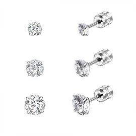 Candyfancy 3 Pairs 316L Surgical Stainless Steel Earrings Set,Size 3mm 4mm 5mm,AAA Cubic Zirconia Single Ears Stud, Simple, Transparent, Multiple Hole Earrings,Hypoallergenic