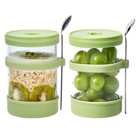 Spreccio Overnight Oats Jars with Spoon and Silicone Lid 16 oz [2 Pack], Airtight Glass Jars for Overnight Oats, Glass Meal Prep Containers with Lid for Cereal On The Go Container (Green)