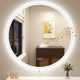 STARLEAD 32" LED-Bathroom-Mirror-with-Lights, Wall-Mounted with Bluetooth Speaker, Anti-Fog, 3 Color Temperature, Dimmable Brightness, IP65 Waterproof, Tempered Glass, Frontlit & Backlit, Round
