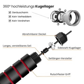 ALPHA PULL Adjustable Skipping Rope - Speed Rope Fitness Gym Skipping Rope - Non-Slip Foam Handles - for Adults and Children (Red/Black)
