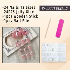 Jremg White French Tip Press on Nails Short Square Fake Nails with Flower Charms Design Cute 3D Silver Dollar Rhinestones False Nails Glossy Nude Pink Glue on Nails for Women Girls Manicure 24Pcs