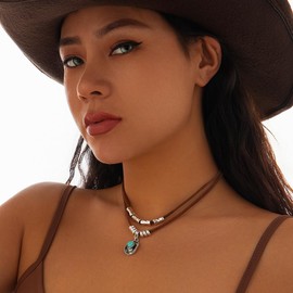 PLwelth Boho Necklaces for Women Western Layered Charm Necklaces Vintage Leather Necklace Sliver Beaded Cowboy Hat Pendant Necklace Turquoise Jewelry Country Concert Outfits Accessories Gifts