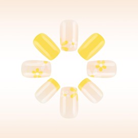 Yellow French Tip Press on Nails with Flower Designs Extra Short Square Shaped Fake Nails Spring Floral Acrylic Nails Glossy Full Cover Stick on Nails for Women Nails Manicure Decoration 24 Pcs
