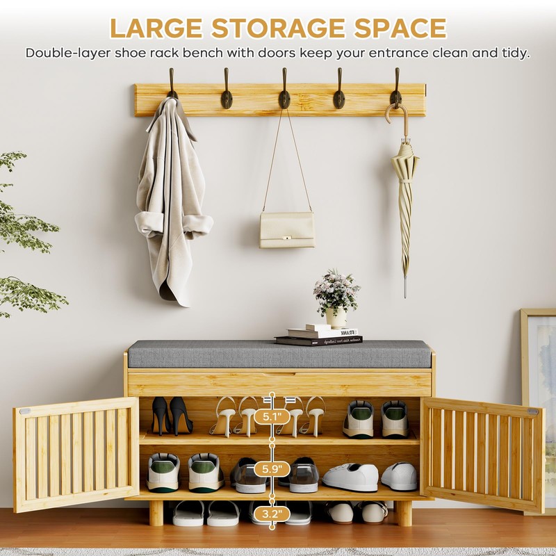 Coat Rack Shoe Bench Set, Bamboo Shoe Storage Bench with