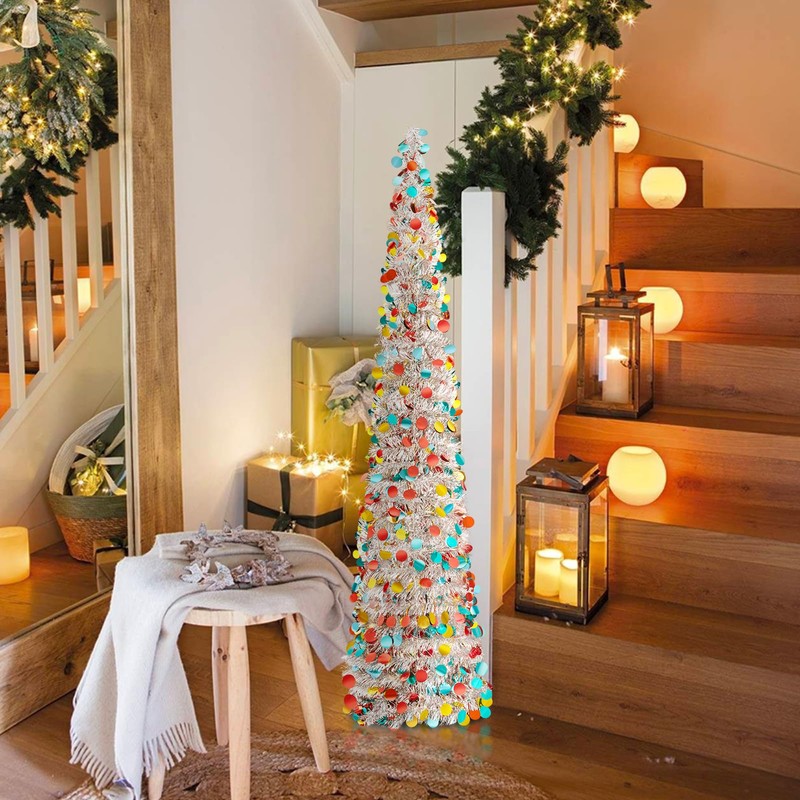 Warmiehomy 5ft/150cm Collapsible Christmas Tree Glittering Pencil Christmas Trees with