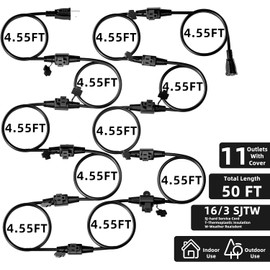 Yodotek Black 50FT 16 Gauge Multi Indoor/Outdoor Power Extension Cord,Multiple Evenly-Spaced 11 Outlet,Cord Splitter,for Landscaping Light,Stage Backlines,Party and Christmas Decoration.ETL Listed