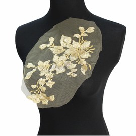 SUNMOVE Embroidery Sequin Lace Applique Sewing Flower Fabric Collar Patch for Wedding Gown Dress Bridal DIY Crafts(Silver Gold)
