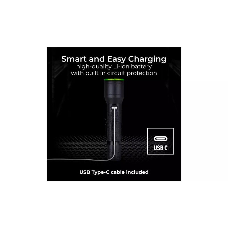 Handyfix Luceco LED Tactical Flashlight, Black with Green Trim, High-Power