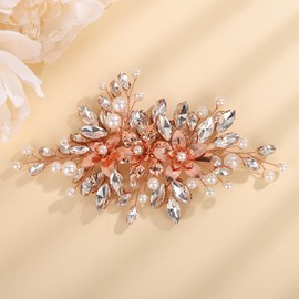 Teyglen Rose Gold Rhinestone Bridal Hair Clips Flower Bride Wedding Hair Clips Crystal Wedding Hair Barrettes Bridal Crystal Pearl Hair Piece Hair Accessory for Women (Rose gold)