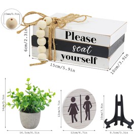 Bathroom Shelf Decor Signs, Book Stack and 3D Round Signs With Fake Plants, Funny Please Seat Yourself Wooden Decor for Restroom Shelf Guest Bathroom (Seat Yourself)
