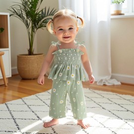 Kaipiclos Toddler Girl Clothes Baby Summer Outfits Daisy Print Sleeveless Smocked Camisole Linen Pants 12 18 24 Month 3T 4T (Daisy Green, 3-4T)