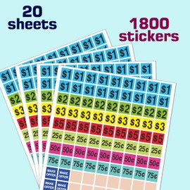 Garage Sale Price Stickers,Yard Sale Tags 1800 Pieces, 3/4 x 3/4 inches, Pre-Printed $1-$5 and Cents Values, Multi-Color