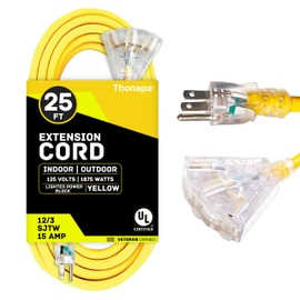Thonapa 3 Outlet Lighted Outdoor Extension Cord 25 ft - 12 Gauge 15 Amp Heavy Duty Power Extension Cords - SJTW - Great for Major Appliances, Power Tools, Garden Supplies - Yellow