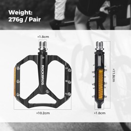 ROCKBROS Bike Pedals with Anti-Slip Pins, Aluminum Wide Platform with Reflectors, Single Sealed Bearing, 9/16”Durable Bicycle Flat Pedals Universal for Road, MTB, BMX, Gravel, City Bikes, Black