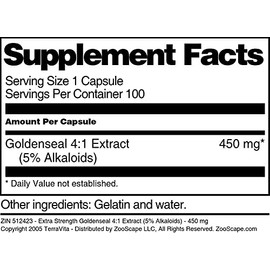 TerraVita Extra Strength Goldenseal 4:1 Extract (5% Alkaloids) - 450 mg (100 Capsules, ZIN: 512423)