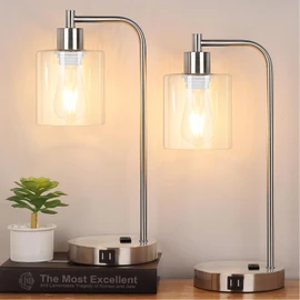 Industrial Touch Control Table Lamps Set of 2 - Brushed Nickel Nightstand Bedside Lamps with 2 USB Ports & AC Outlet, 3-Way Dimmable Desk Lamp for Bedroom Living Room, Glass Shade & LED Bulbs Included