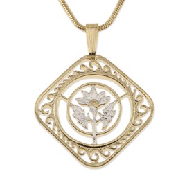 Hibiscus Flower Pendant & Necklace, St Martin 50 Cents Coin Hand Cut