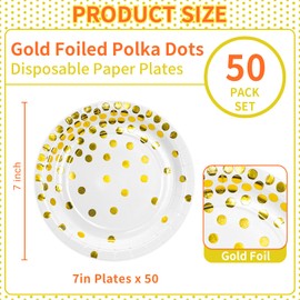 DYLIVeS White and Gold Paper Plates, 7 inch Metallic Foil Polka Dots Disposable Dessert Party Plates Cocktail Party Supplies Plates for Birthday, Bridal Shower, Easter, Graduation Party, 50 Pack