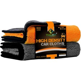Towelogy® Microfibre Car Cleaning Cloths 800gsm High Density CHEMICAL FREE Washing Drying Buffing Double Side Super Absorbent Auto Detailing Large Towels 40x40cm (Pack Of 2, Orange/Grey)