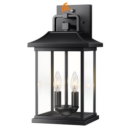 OYKYOHEI Exterior Lighting Fixtures,15" Outdoor Wall Light,Black Outdoor Sconces,Dusk to Dawn Large 2-Light Outside Porch Light Modern Lighting with Clear Glass Shade for Front Door, Porch, Garage