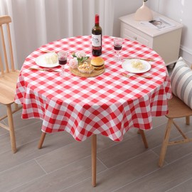 misaya Round Waterproof Vinyl Table Cloth, Buffalo Flannel Backed Tablecloth, Wipeable Plastic Table Cover for Dinner, Kitchen, Picnic (60", Red and White)