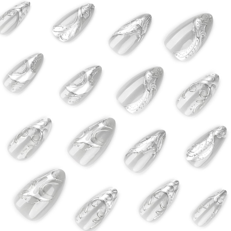 Silver Press on Nails Medium Almond Fake Nails Metal Chrome