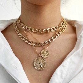 Aneneiceera Boho Multilayer Coin Necklace Vintage Gold Chunky Link Cuban Chain Choker Rock Statement Layered Coin Necklace Disc Coin Pendant Necklace Charm Jewelry for Women and Girls(Gold)