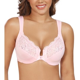 DotVol Women's Front Closure Fastening Bra Underwire Plus Size U-Back Unlined Bras for Women(Pink,40D)
