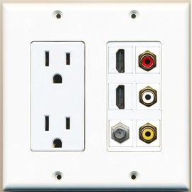 RiteAV - 2 x 15 Amp 125V Power Outlet 3 x RCA - 2 X HDMI and 1 x Coax Cable TV Port Wall Plate White