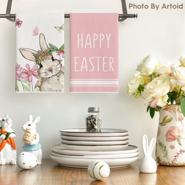 Artoid Mode Pink Bunny Rabbit Eggs Floral Happy Easter Kitchen Towels Dish Towels, 18x26 Inch Seasonal Decoration Hand Towels Set of 4