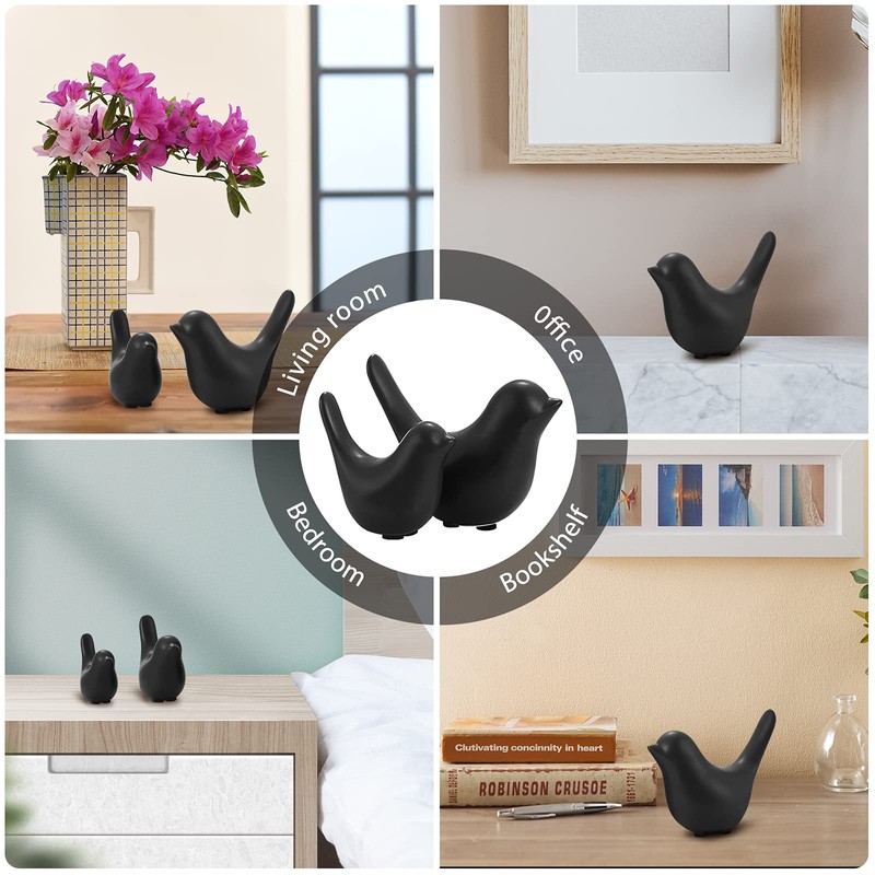 VORCOOL Set of 2 Black Ceramic Bird Figures Set, Modern