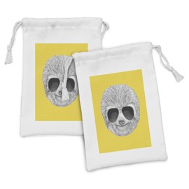 Ambesonne Sloth Fabric Pouch Set of 2, Hipster Jungle Animal with Sunglasses Smiling Funny Expression Cool Character Print, Small Drawstring Bag for Toiletries Masks and Favors, 9" x 6", Yellow Grey