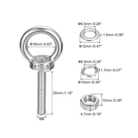 sourcing map Lifting Eye Bolt, 1 Set M6 x 30mm Eye Bolt with Nut Washer 304 Stainless Steel Shoulder Lifting Ring Eye Bolt for Hanging Item