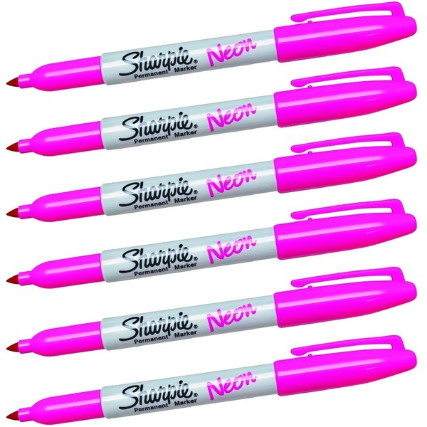 6 x Sharpie Neon Permanent Marker Pens, Fine Point Tip,