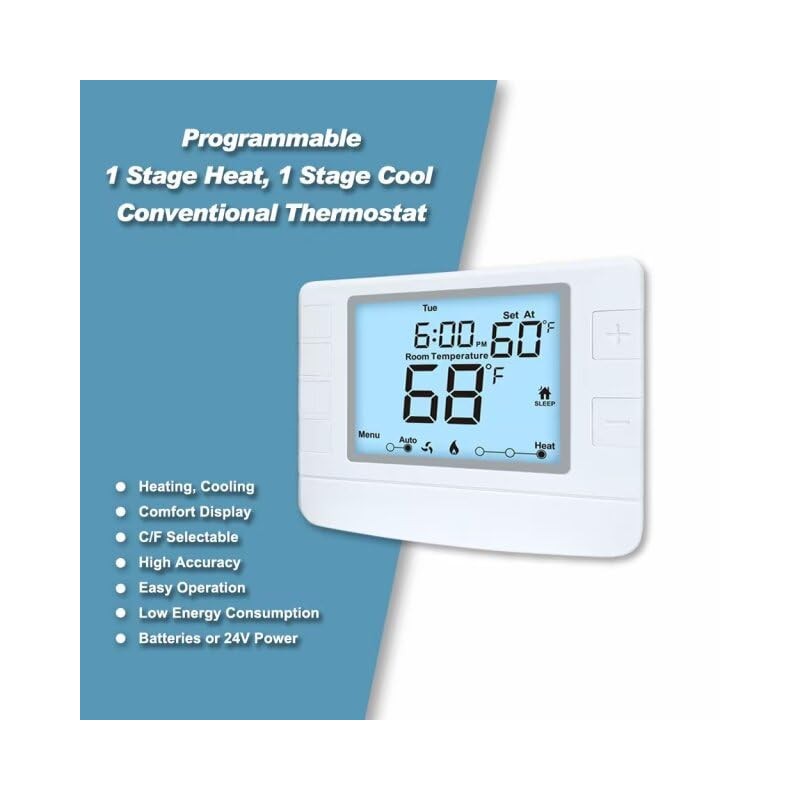 Programmable Thermostat for House, 1 Heat/1 Cool, Extra Large Display,