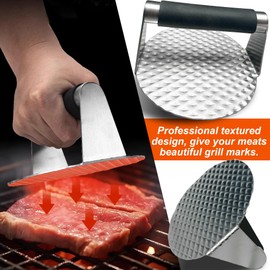 Updated Smash Burger Press,304 Stainless Steel Hamburger Press with Heat Insulation Handle,5.5"Non Stick Burger Smasher,Textured Bottom,Patty Maker,Sandwich,Grill Press,Bacon,Ground Beef,Meat,Sausage