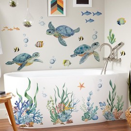 Ocean Animals Wall Decals - Sea Turtle Wall Stickers Reef and Fish Under The Sea Wall Decals Removable Waterproof Peel and Stick Wall Decor for Kids Room Décor Baby Nursery