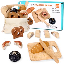 Mexgcom Children's Kitchen Play Kitchen Accessories, Kitchen Toy Cutting Bread Made of Wood, Play Kitchen Accessories, Breakfast Set with Velcro Connection, Children's Kitchen Play Kitchen for Ages 3