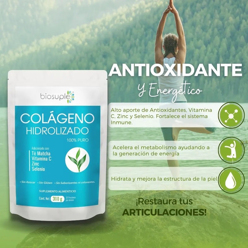 Biosuple Colágeno Hidrolizado Sin Sabor 300g Té Matcha Vitamina C